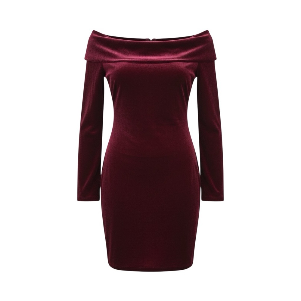 Forever 21 Burgundy Velvet Cowl Off Shoulder Bodycon Dress Long Sleeve Medium